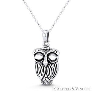 Perched Owl Bird Animal Charm Pendant in Oxidized .925 Sterling Silver